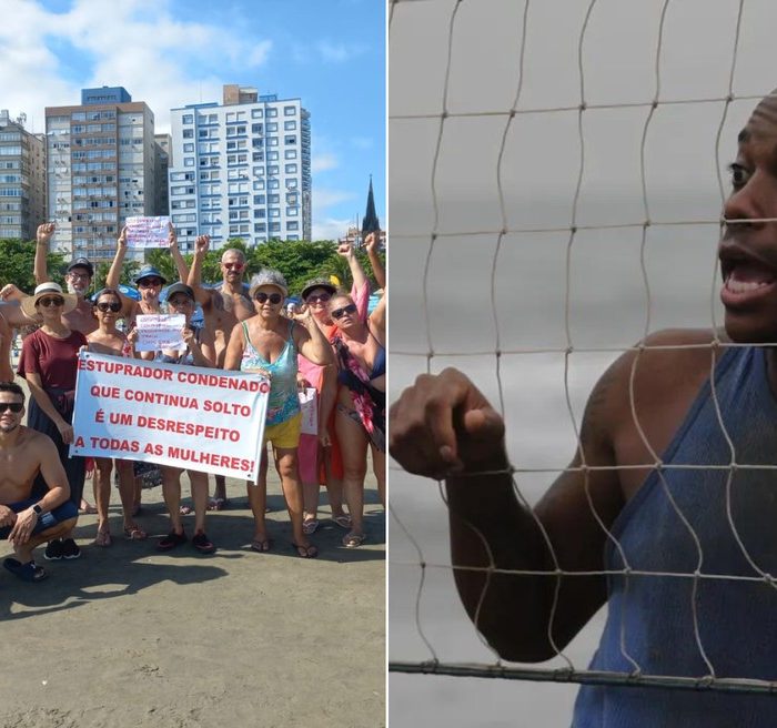 Manifestantes pedem prisão de Robinho em praia onde ex-atleta joga futevôlei no litoral de SP